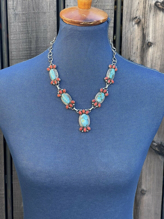 Navajo Sterling Kingman Turquoise Natural Red Coral Necklace Set Taos Collection