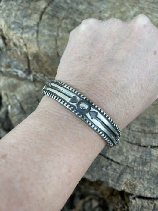 Navajo Sterling Silver Hand Stamped Bracelet Cuff By Artist Elvira Bill