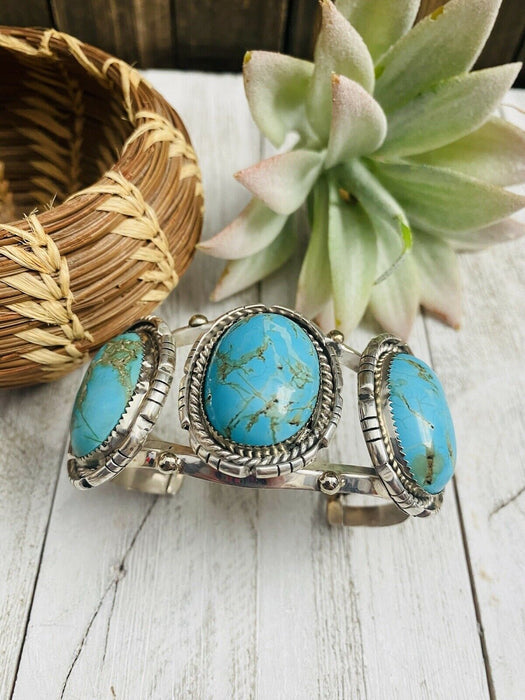 Navajo Old Pawn Vintage Turquoise & Sterling Silver Bracelet Signed