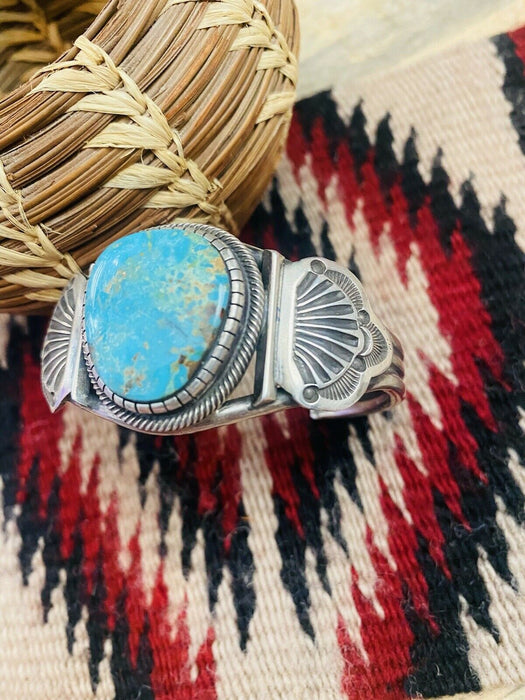 Vintage Navajo Turquoise & Sterling Silver Cuff Bracelet Signed