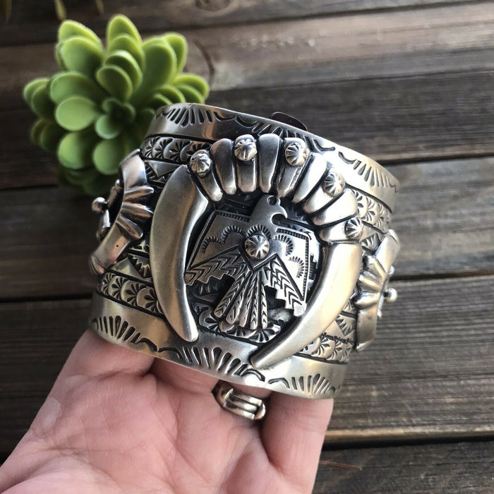 Sterling Silver Navajo Stamped Thunderbird Cuff Made By Rick Enrique