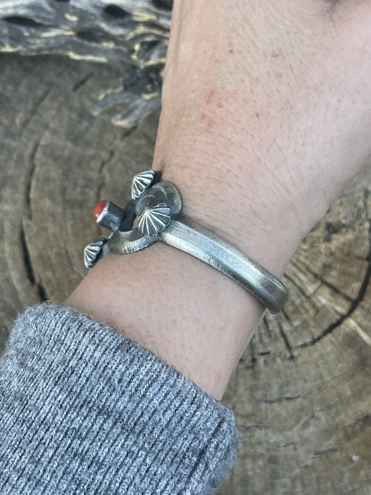 Navajo Natural Red Coral Sterling Silver Cuff By Artist Chimney Butte