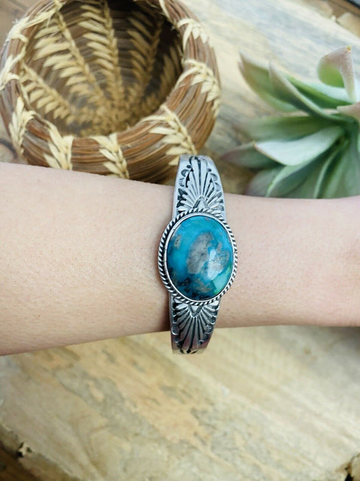 Navajo Sterling Silver & Royston Turquoise Cuff Bracelet Signed