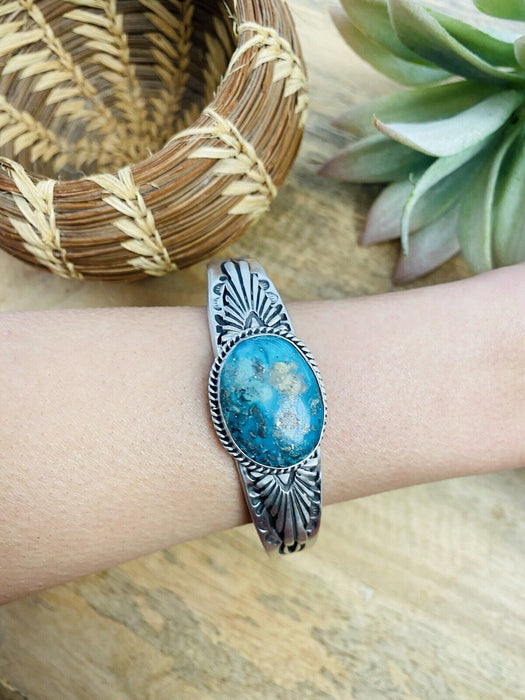 Navajo Sterling Silver & Royston Turquoise Cuff Bracelet Signed