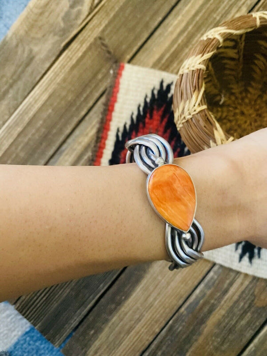 Navajo Orange Spiny & Sterling Silver Braided Cuff Bracelet Signed