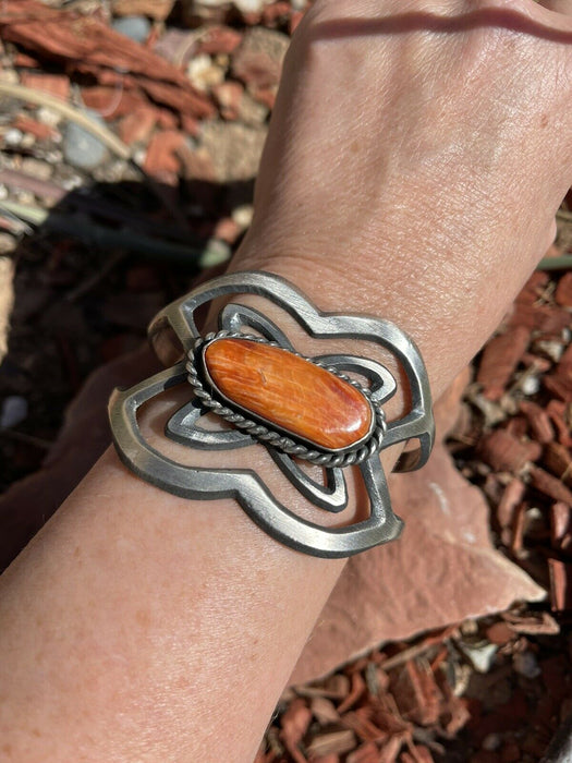 Navajo Orange Spiny & Sterling Silver Cuff Bracelet By Chimney Butte Signed