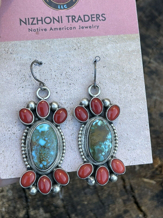 Navajo Sterling Kingman Turquoise Natural Red Coral Necklace Set Taos Collection