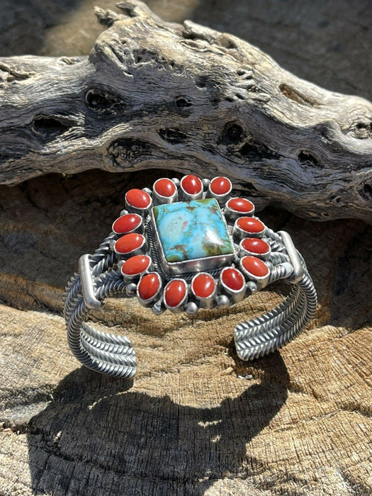 Navajo Sterling Kingman Web Turquoise & Red Coral Taos Bracelet Cuff B. Johnson