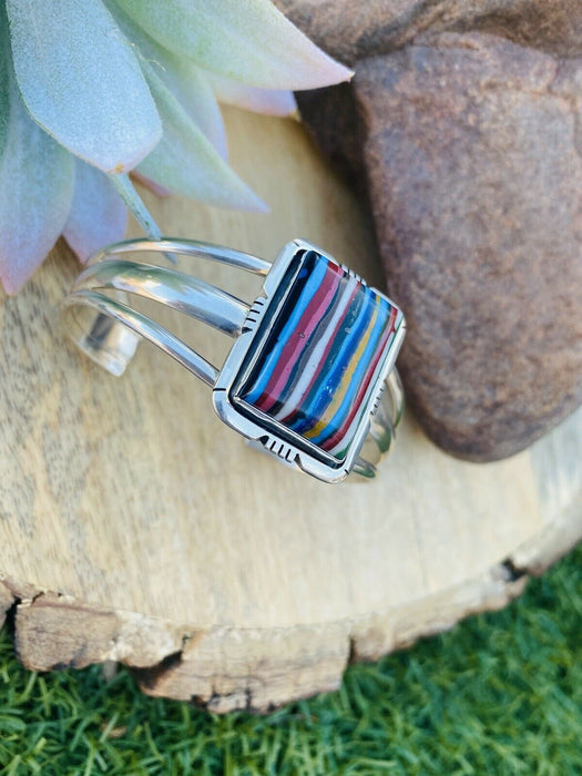 Navajo Sterling Silver & Rainbow  Rectangle Cuff Bracelet