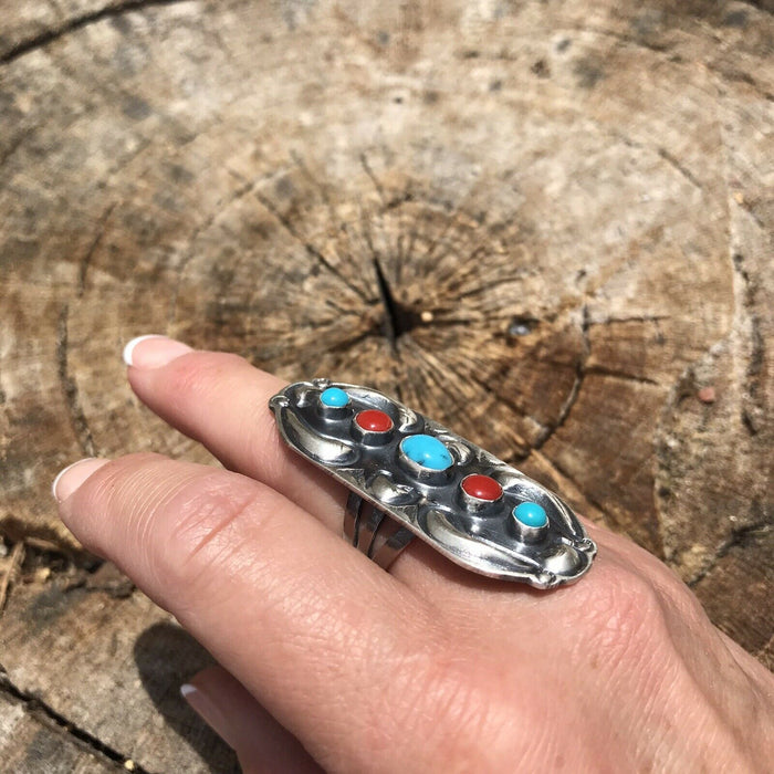 Navajo Sterling Silver Turquoise Coral 5 Stone Ring - Culture Kraze Marketplace.com