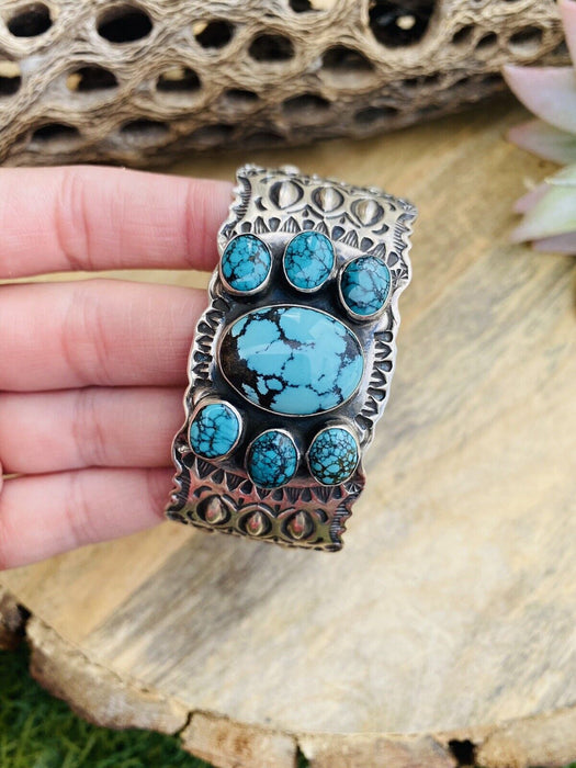 Vintage Navajo Turquoise & Sterling Silver Hand Stamped Cuff Bracelet