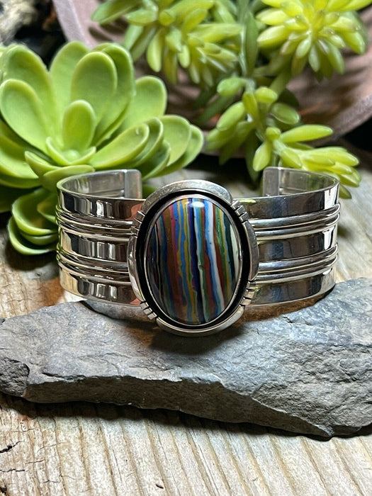 Unique Navajo Sterling Silver & Rainbow Stone Signed Cuff Bracelet