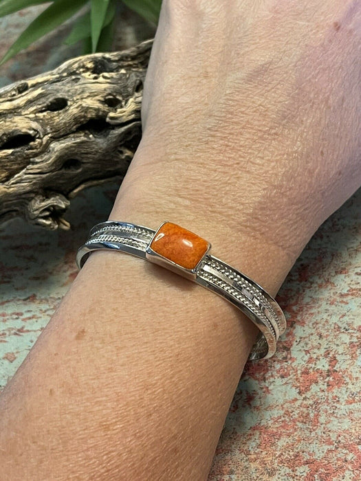 Navajo Orange Spiny Rectangle Sterling Silver Stacker Cuff Bracelet