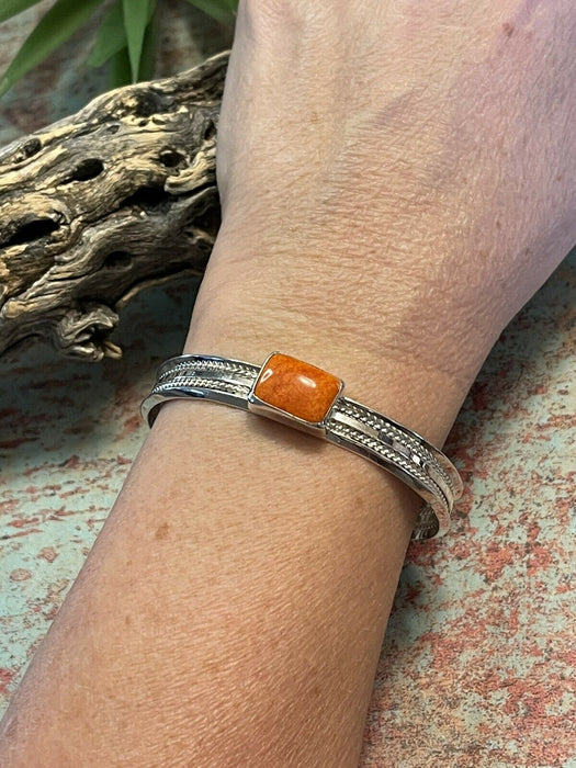 Navajo Orange Spiny Rectangle Sterling Silver Stacker Cuff Bracelet