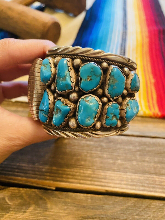Vintage Navajo Turquoise & Sterling Silver Jumbo Watch Cuff Signed