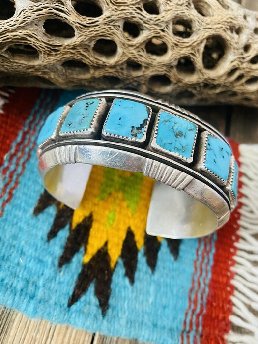 Navajo Kingman Turquoise, Coral & Sterling Silver Cuff Bracelet Signed