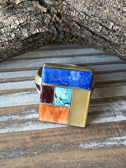 Navajo Inlay Multi Stone & Sterling Silver Ring Sz 12 Signed - Culture Kraze Marketplace.com