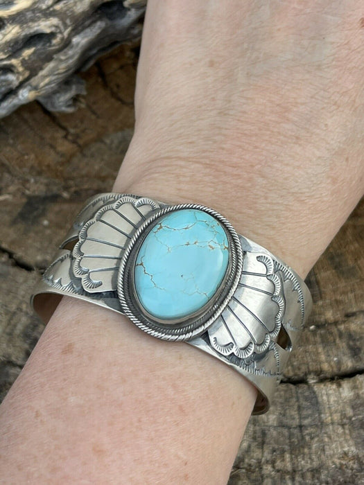 Incredible Navajo Dry Creek Turquoise And Sterling Star Silver Cuff Signed