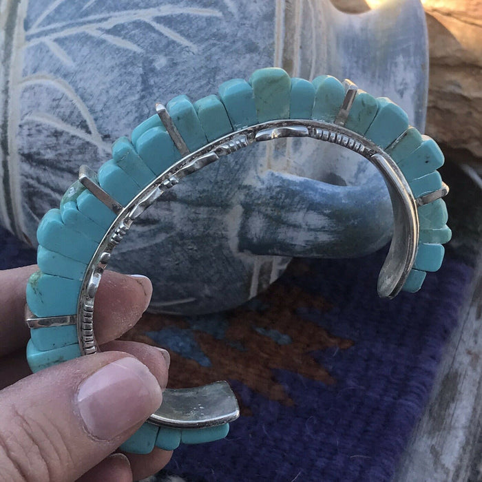 Navajo Sterling Silver & Number 8 Turquoise Signed By Marvin Yazzie Cuff