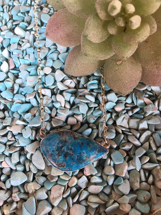 Navajo Kingman Turquoise  Sterling Silver Drop Necklace Signed