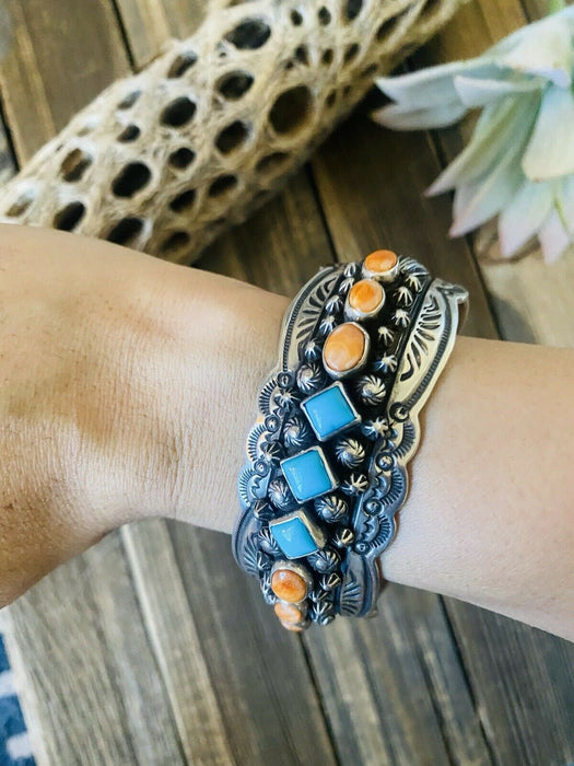 Navajo Orange Spiny, Turquoise & Sterling Silver Cuff Bracelet By Darryl Becenti