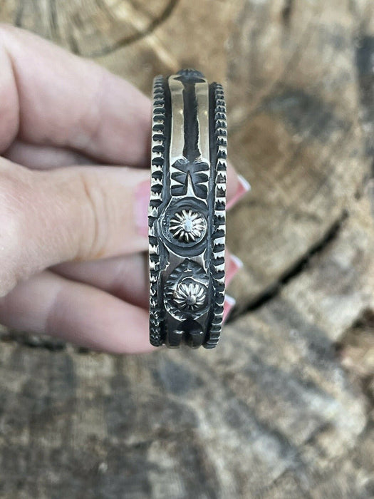 Navajo Sterling Silver Hand Stamped Bracelet Cuff By Artist Elvira Bill