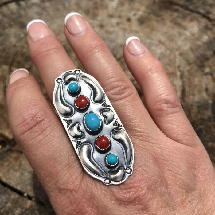 Navajo Sterling Silver Turquoise Coral 5 Stone Ring - Culture Kraze Marketplace.com