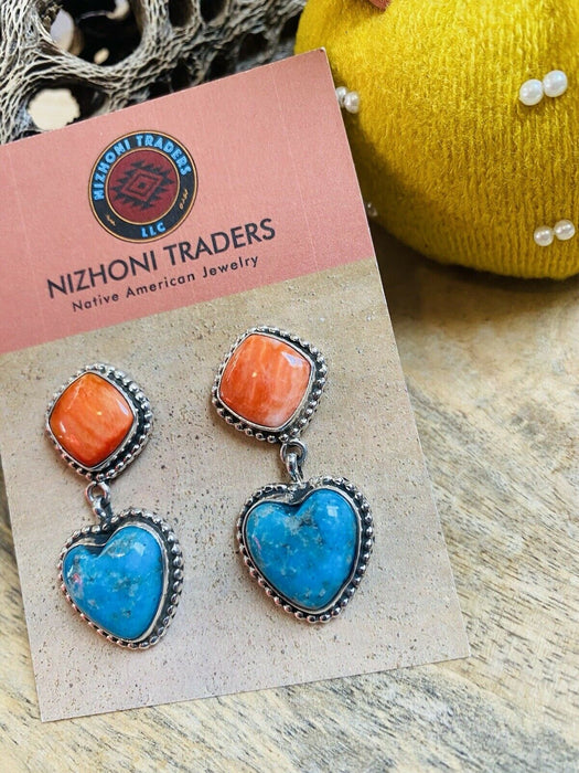 Navajo Sterling Silver, Orange Spiny & Turquoise Heart Dangle Earrings - Culture Kraze Marketplace.com