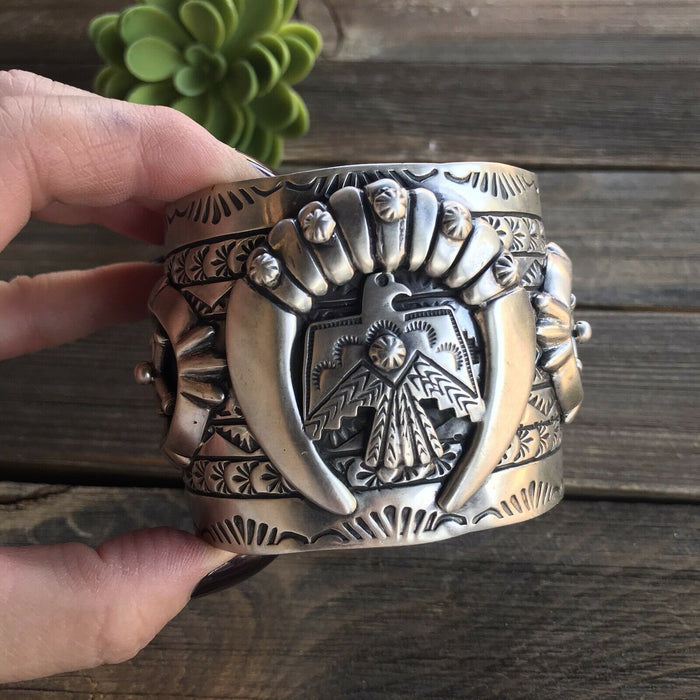 Sterling Silver Navajo Stamped Thunderbird Cuff Made By Rick Enrique