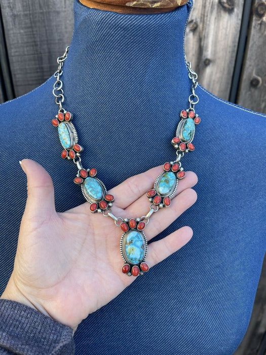 Navajo Sterling Kingman Turquoise Natural Red Coral Necklace Set Taos Collection