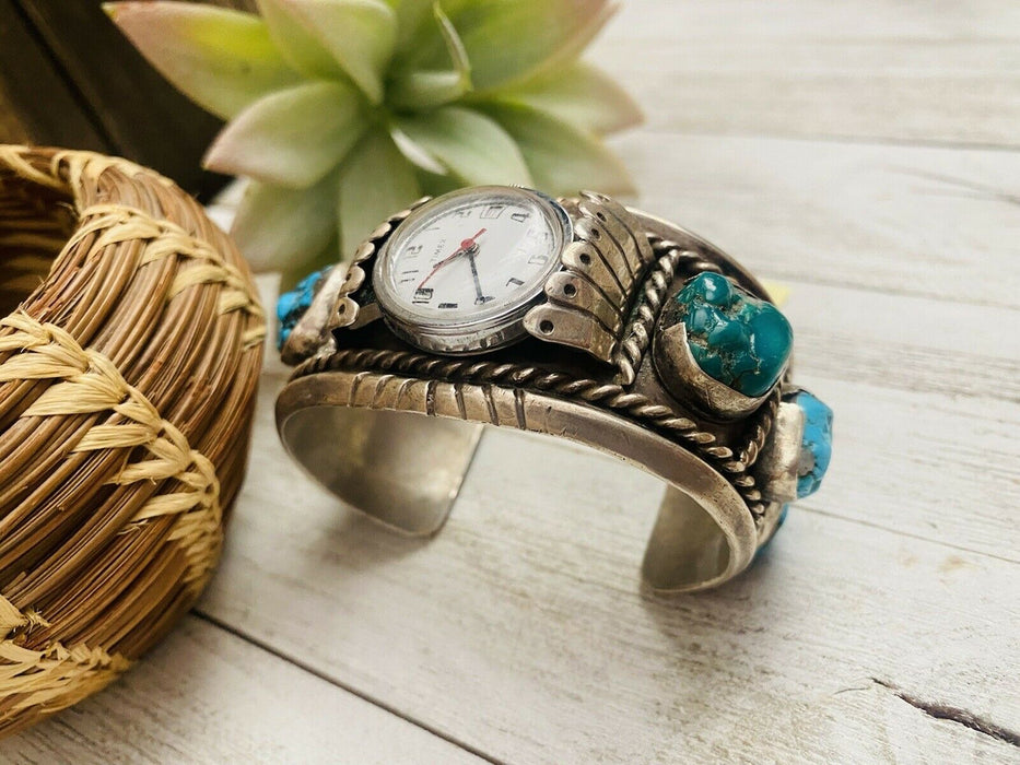 Old Pawn Vintage Navajo Kingman Turquoise & Sterling Silver Watch Cuff