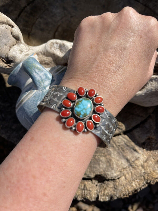 Navajo Sterling Kingman Web Turquoise & Red Coral Taos Bracelet Cuff