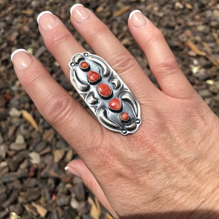 Navajo Sterling Silver Orange Spiny Oyster 5 Stone Ring - Culture Kraze Marketplace.com