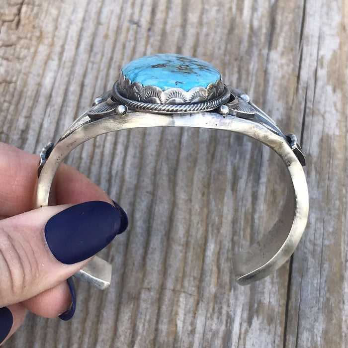 Navajo Kingman Turquoise & Sterling Silver Cuff Signed By Artist S. Tso