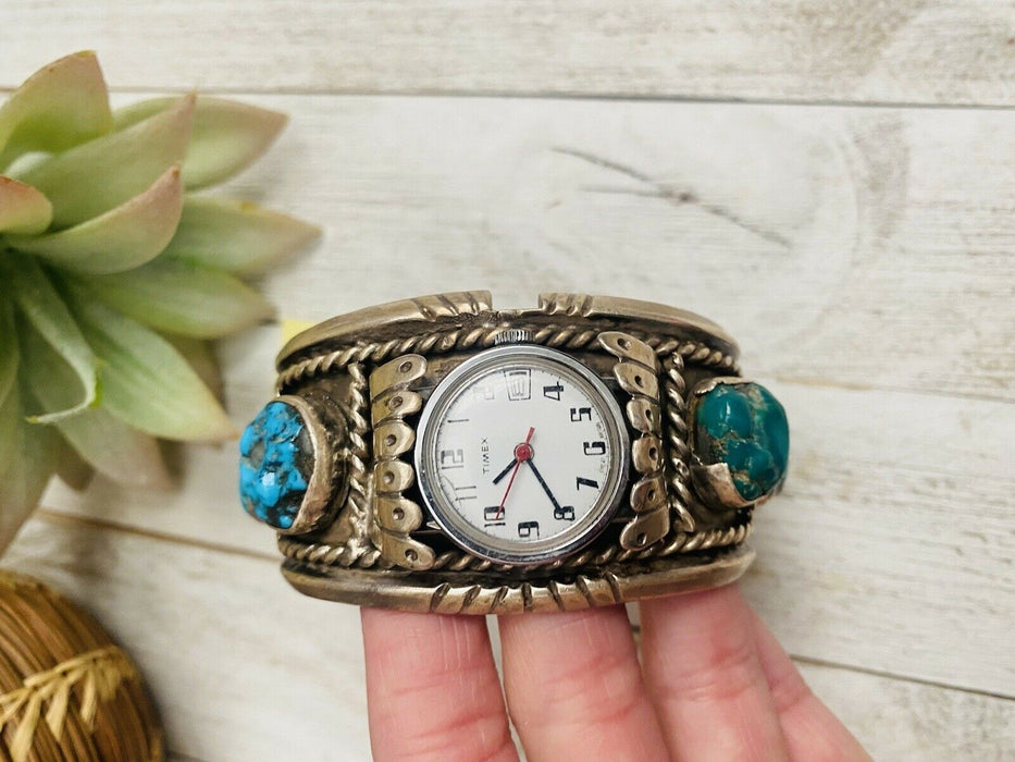 Old Pawn Vintage Navajo Kingman Turquoise & Sterling Silver Watch Cuff