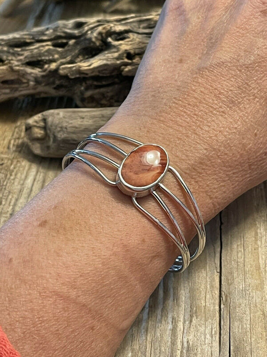 Navajo Orange Spiny Sterling Silver Bracelet Loop Cuff Stamped Begay