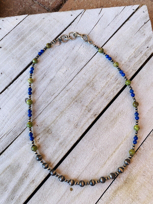 Navajo Lapis, Gaspeite And Sterling Silver Navajo Pearl Beaded Necklace - Culture Kraze Marketplace.com