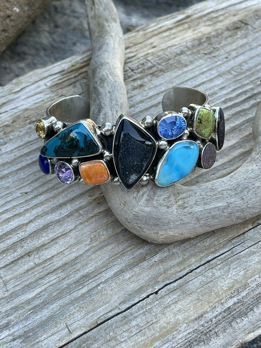 Navajo Multi Stone & Gem Sterling Silver Cuff Bracelet Signed