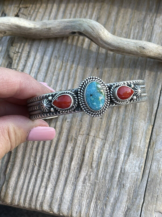 Navajo Sterling Silver Red Coral & Turquoise Bracelet Signed M & R Calladitto