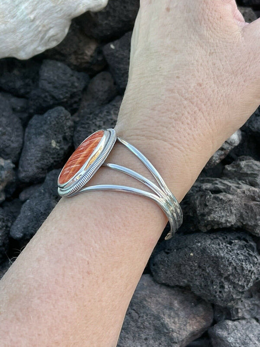 Navajo Orange Spiny Sterling Silver  Cuff Bracelet Stamped Wydell Billie