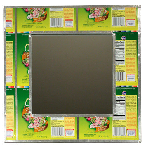 <center>Recycled Metal "Canola Oil" Mirror </br>Crafted by Artisans in India </br>Measures 16” high x 16” wide outside, with 10-1/2” x 10-1/2” mirror</center>