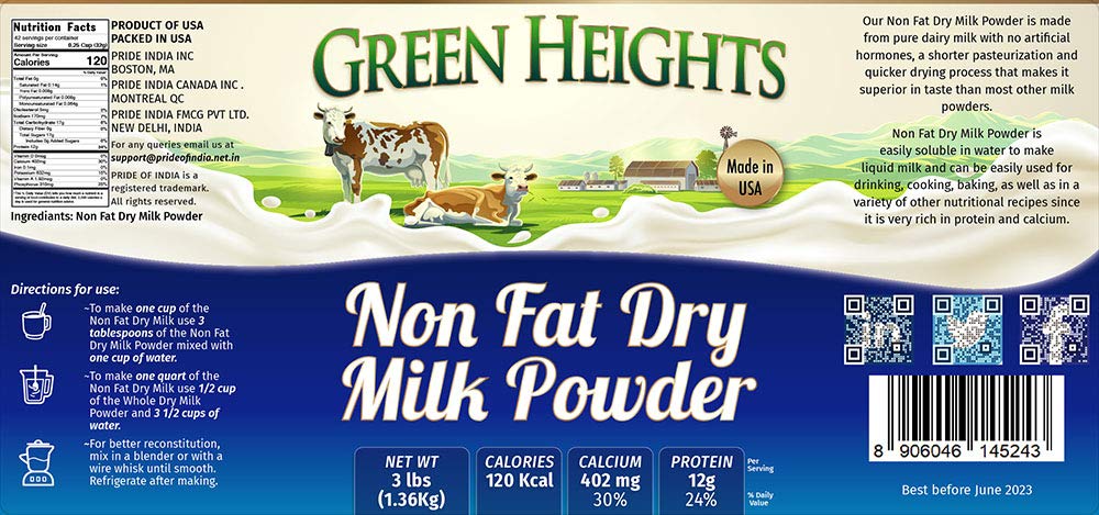 Non Fat Dry Milk Powder - 2.2 Pounds / 1 Kilo Jar by Green Heights-3