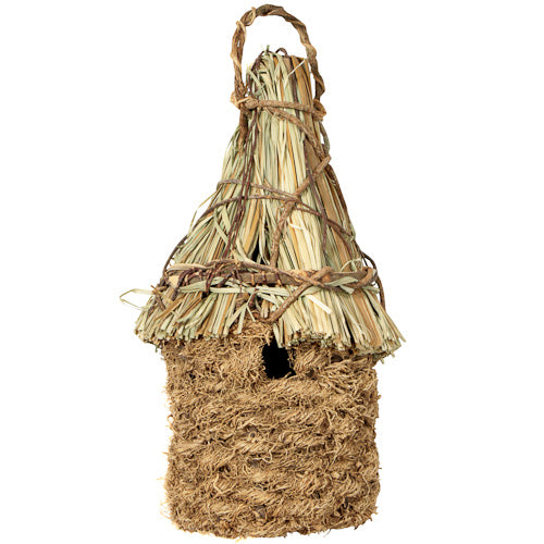 <center>Vine and Vetiver Birdhouse with Straw Roof </br>Crafted by Artisans in Haiti </br>Measures 11-3/4” high x 5-1/2” wide x 5-1/2” deep</center>