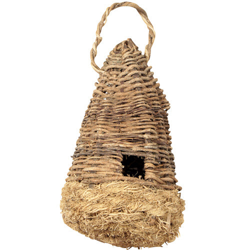 <center>Vine and Vetiver Birdhouse </br>Crafted by Artisans in Haiti </br>Measures 11” high x 5-1/4” wide x 5” deep</center>