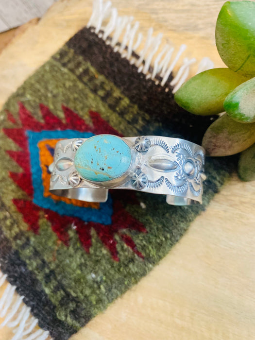 Navajo Sterling Silver & Carico Lake Turquoise Cuff Bracelet Signed