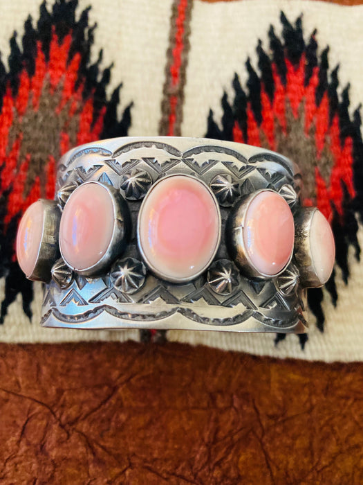 Navajo Queen Pink Conch Shell & Sterling Silver Cuff Bracelet Signed