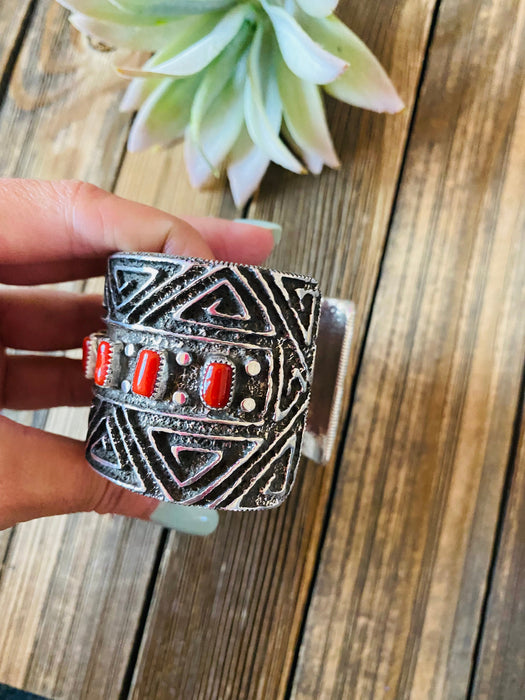 Navajo Coral & Sterling Silver Cuff Bracelet By Steve Arviso