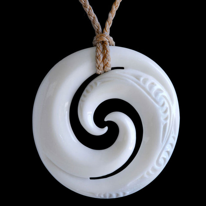 Engraved medium Double Koru, Handcrafted Bone Pendant - Culture Kraze Marketplace.com