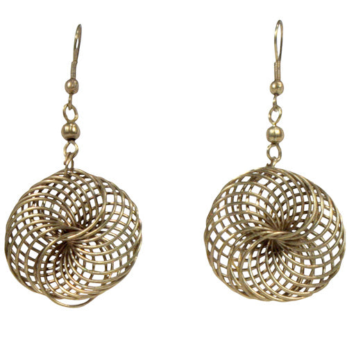 <center>Bronze Interwoven Wire Earrings </br>Crafted by Artisans in India </br>Measure 1” diameter x 1/4” deep, with silver S-hooks</center>