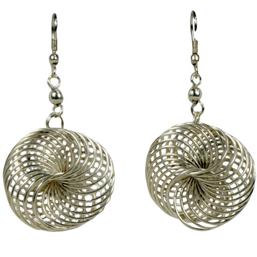 <center>Silver Interwoven Wire Earrings </br>Crafted by Artisans in India </br>Measure 1” diameter x 1/4” deep, with silver S-hooks</center>